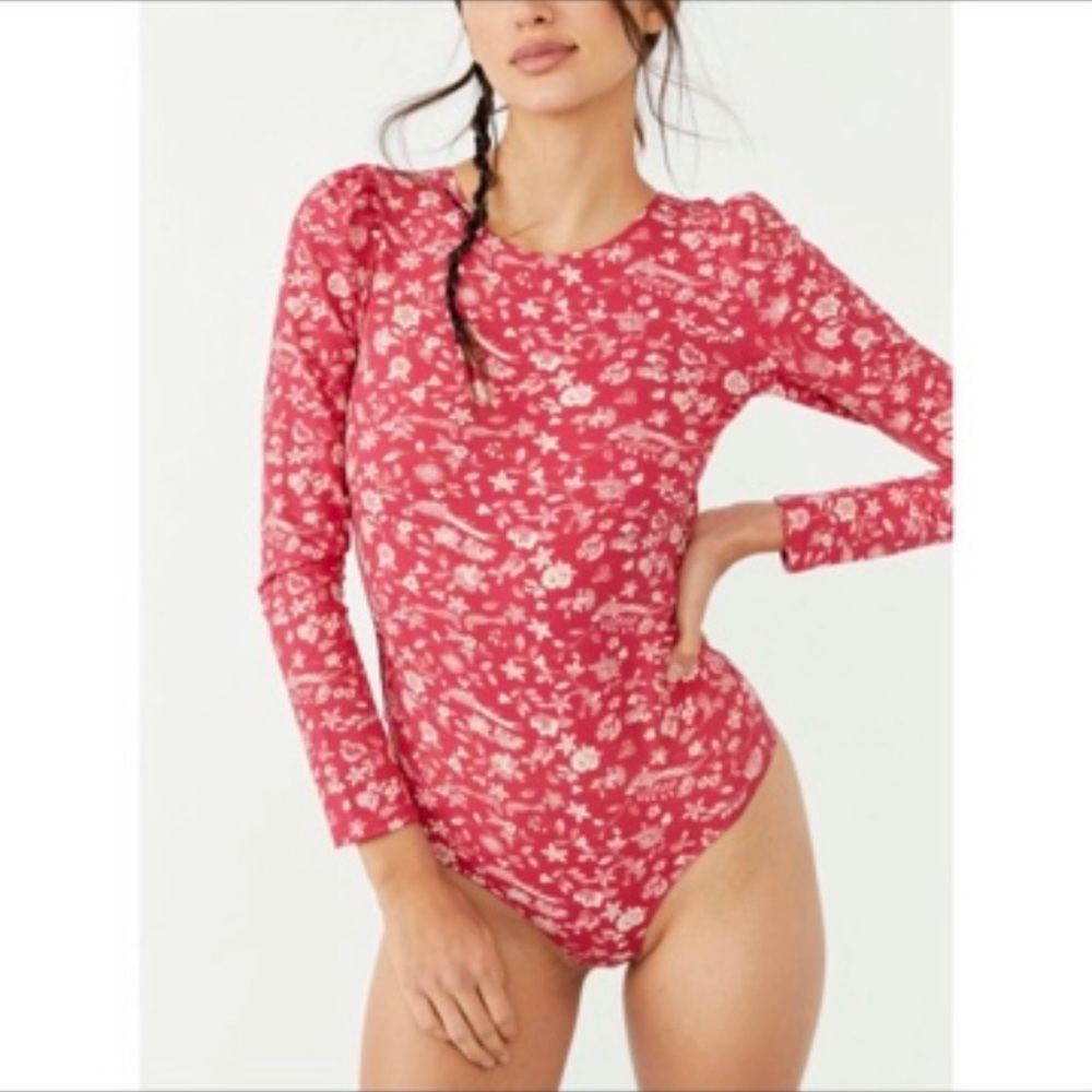 Free People Red Floral Long Sleeve Body Suit Late Night Lover NWT Size XS